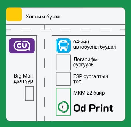 Од Принт — байршлын зураг: CU ба автобусны буудлын хооронд урагшаа, ESP сангийн дараа МКМ 22 байр